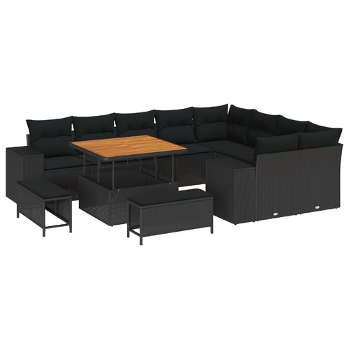 12 Piece Garden Sofa Set with Cushions Black Poly Rattan Acacia, 3 Piece Garden Dining Set with Cushions Black Poly Rattan Acacia