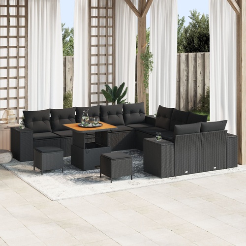 13 Piece Garden Sofa Set with Cushions - Black Poly Rattan and Acacia