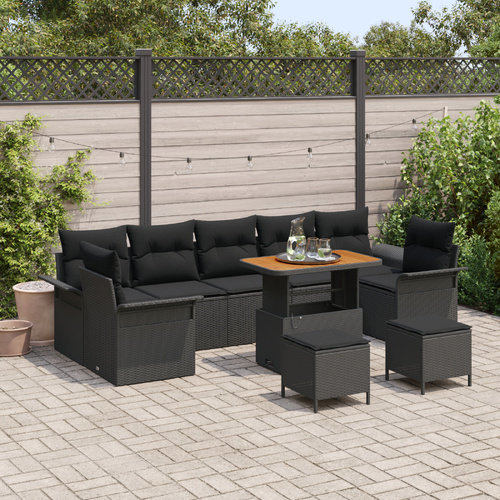 10 Piece Garden Sofa Set with Cushions - Black Poly Rattan and Acacia