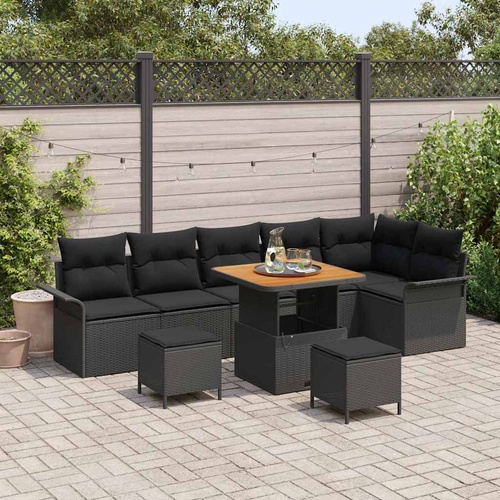 Garden Sofa Set with Cushion 9 pcs Black Poly Rattan