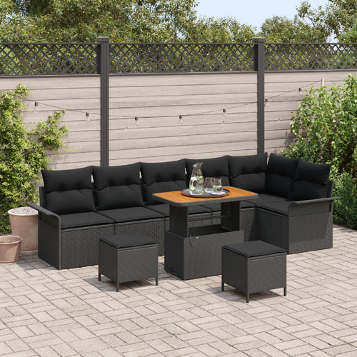 Garden Sofa Set with Cushion 9 pcs Black Poly Rattan