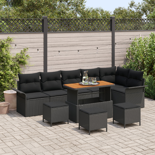 10 Piece Garden Sofa Set with Cushions - Black Poly Rattan and Acacia