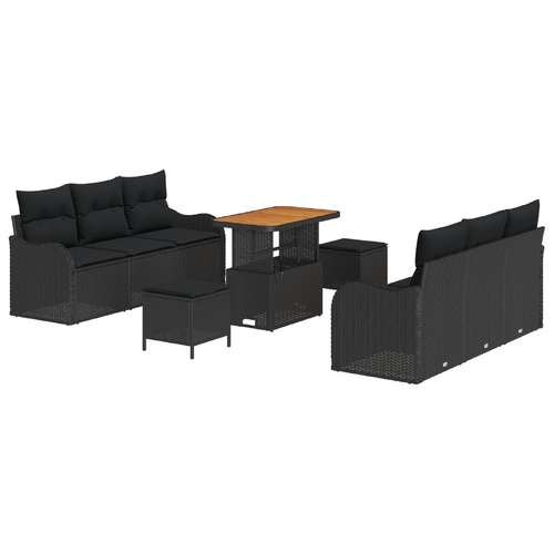 9 Piece Garden Sofa Set with Cushions Black Poly Rattan Acacia, 2-Seater Garden Sofa with Cushions Black Poly Rattan, 3 Piece Garden Dining Set with C