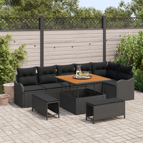 Garden Sofa Set with Cushion 9 pcs Black Poly Rattan