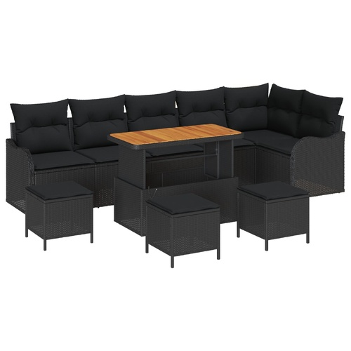10 Piece Garden Sofa Set with Cushions - Black Poly Rattan & Acacia