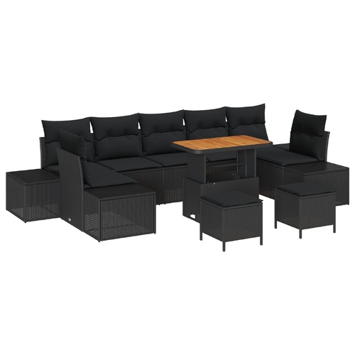 10 Piece Garden Sofa Set with Cushions - Black Poly Rattan and Acacia
