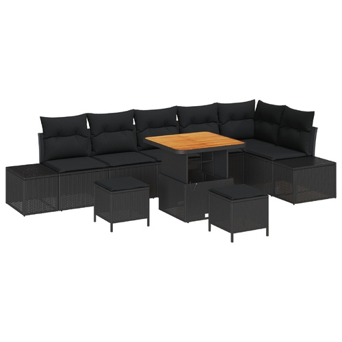 Garden Sofa Set with Cushion 9 pcs Black Poly Rattan