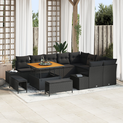 12 Piece Garden Sofa Set with Cushions Black Poly Rattan Acacia, 3 Piece Garden Dining Set with Cushions Black Poly Rattan Acacia, 2-Seater Garden Sof