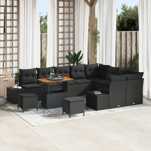 12 Piece Garden Sofa Set with Cushions Black Poly Rattan Acacia, 3 Piece Garden Dining Set with Cushions Black Poly Rattan Acacia, 2-Seater Garden Sof