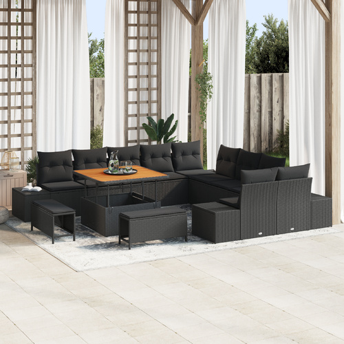13 Piece Garden Sofa Set with Cushions Black Poly Rattan Acacia, 2-Seater Garden Sofa with Cushions Black Poly Rattan, 3 Piece Garden Dining Set with 