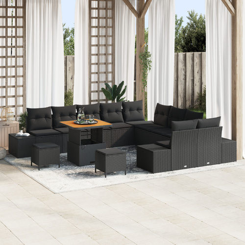 13 Piece Garden Sofa Set with Cushions Black Poly Rattan Acacia, 2-Seater Garden Sofa with Cushions Black Poly Rattan, 3 Piece Garden Dining Set with 
