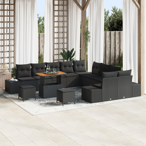 13 Piece Garden Sofa Set with Cushions Black Poly Rattan Acacia, 2-Seater Garden Sofa with Cushions Black Poly Rattan, 3 Piece Garden Dining Set with 