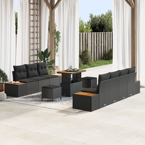 10 Piece Garden Sofa Set with Cushions - Black Poly Rattan and Acacia