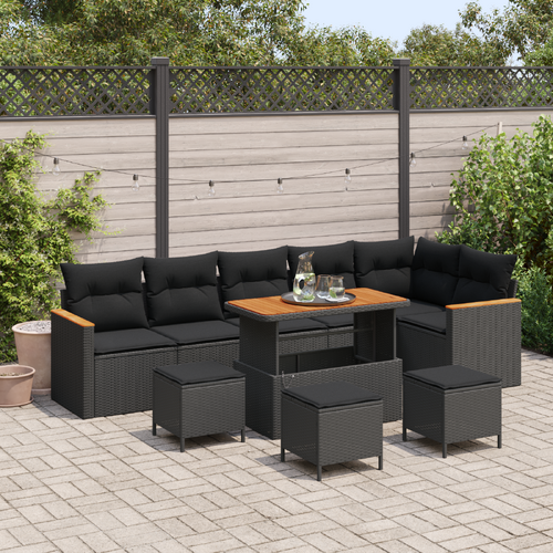 10 Piece Garden Sofa Set with Cushions - Black Poly Rattan & Acacia