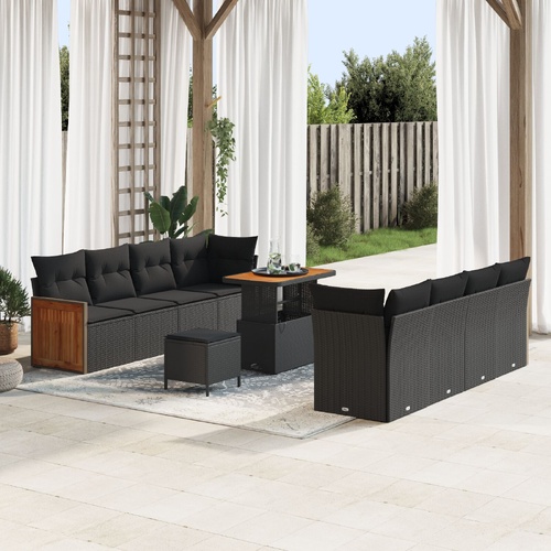 11 Piece Garden Sofa Set with Cushions Black Poly Rattan Acacia, 2-Seater Garden Sofa with Cushions Black Poly Rattan, 3 Piece Garden Dining Set with 