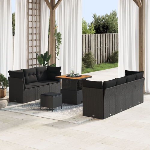 10 Piece Garden Sofa Set with Cushions - Black Poly Rattan & Acacia