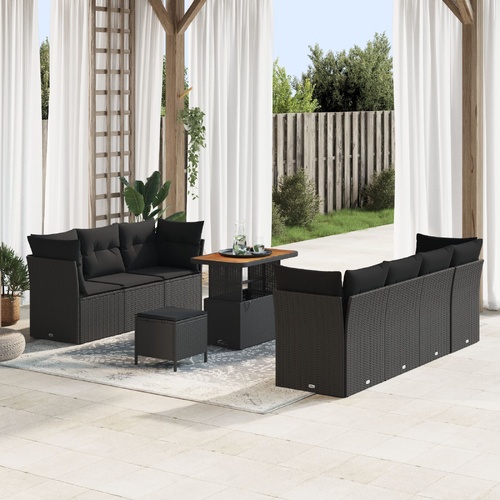10 Piece Garden Sofa Set with Cushions - Black Poly Rattan & Acacia