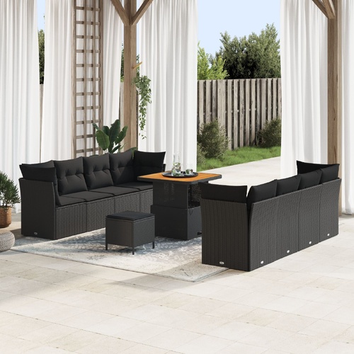 Garden Sofa Set with Cushion 11 pcs Black Poly Rattan