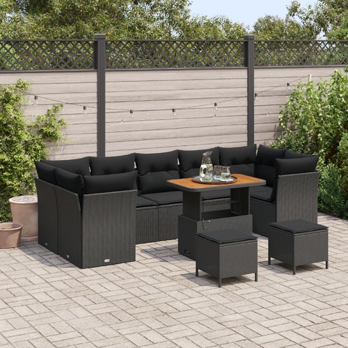 10 Piece Garden Sofa Set with Cushions - Black Poly Rattan and Acacia
