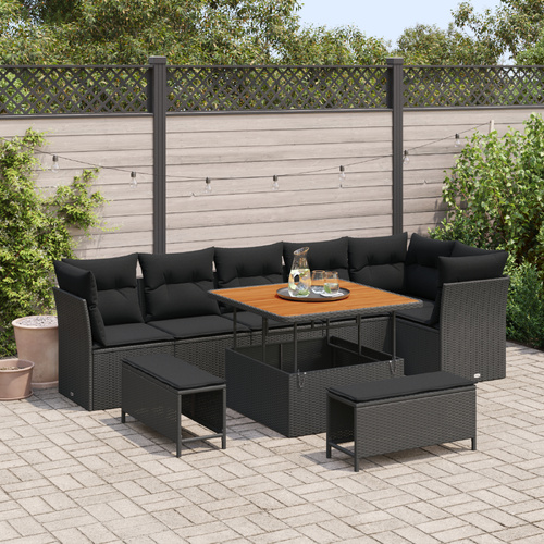 Garden Sofa Set 9 pcs Black Poly rattan and powder-coated steel