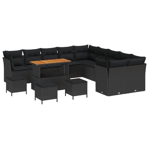 Garden Sofa Set with Cushion 14 pcs Black Poly Rattan