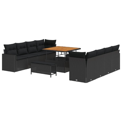 11 Piece Garden Sofa Set with Cushions Black Poly Rattan Acacia