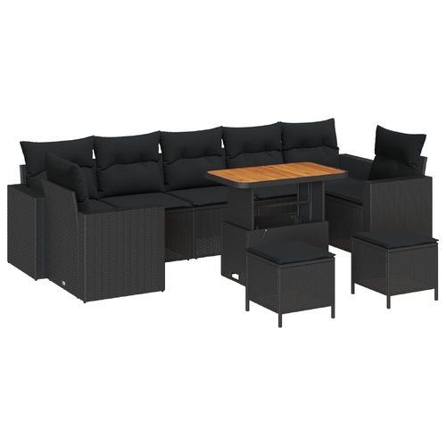 10 Piece Garden Sofa Set with Cushions Black Poly Rattan