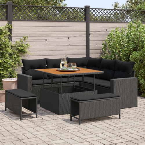 8 Piece Garden Sofa Set with Cushions Black Poly Rattan Acacia