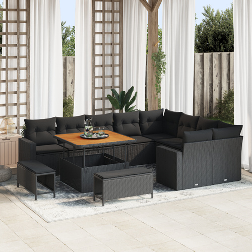Garden Sofa Set with Cushion 13 pcs Black Poly Rattan