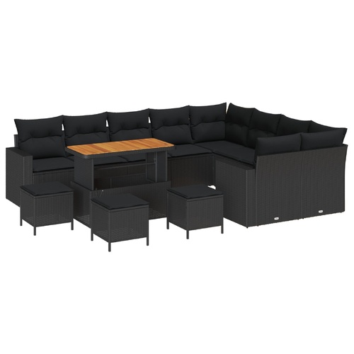 13-Piece Garden Sofa Set with Cushions Black Poly Rattan Acacia