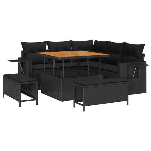 Garden Sofa Set with Cushion 9 pcs Black Poly Rattan