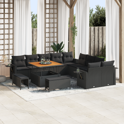13 Piece Garden Sofa Set with Cushions Black Poly Rattan Acacia