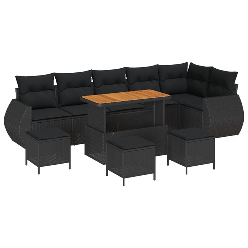 10 Piece Garden Sofa Set with Cushions - Black Poly Rattan and Acacia