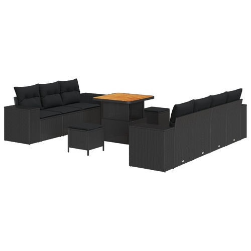 10 Piece Garden Sofa Set with Cushions - Black Poly Rattan and Acacia