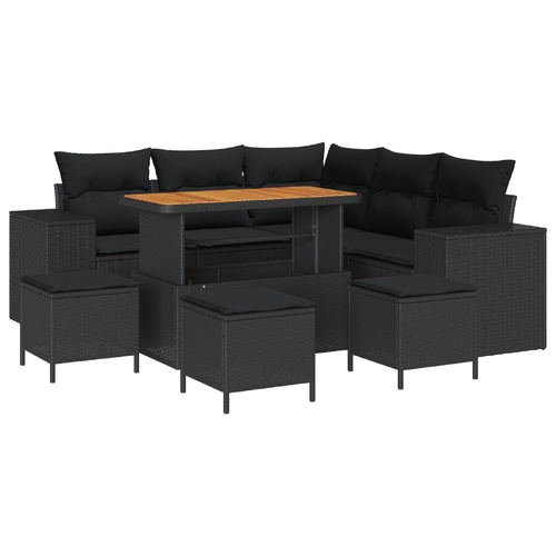 9 Piece Garden Sofa Set with Cushions Black Poly Rattan Acacia, 4 Piece Garden Dining Set with Cushions Black Poly Rattan Acacia