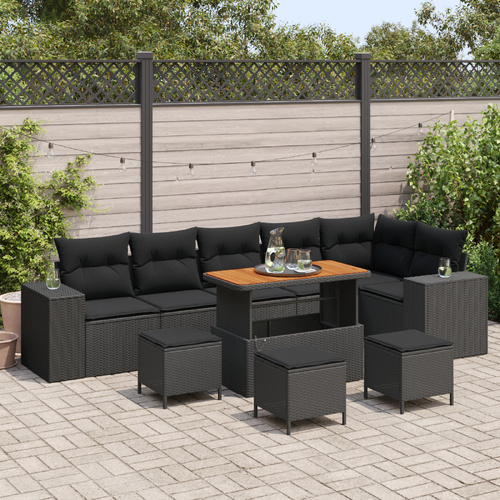 10 Piece Garden Sofa Set with Cushions - Black Poly Rattan & Acacia
