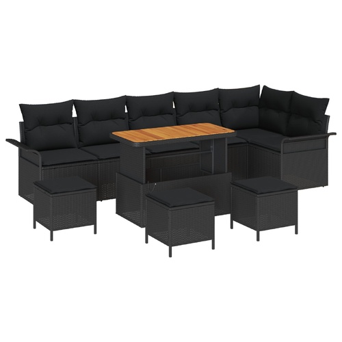 10 Piece Garden Sofa Set with Cushions - Black Poly Rattan and Acacia.