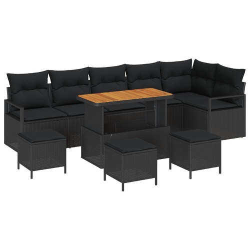 10 Piece Garden Sofa Set with Cushions - Black Poly Rattan & Acacia