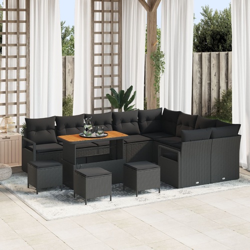 13 Piece Garden Sofa Set with Cushions Black Poly Rattan Acacia, 2-Seater Garden Sofa with Storage & Cushions Black Poly Rattan, 4 Piece Garden Dining
