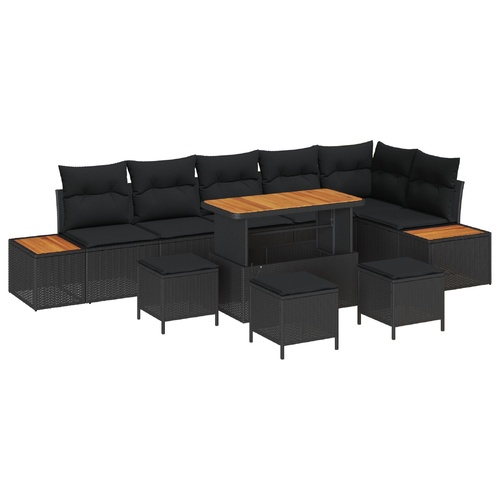 10 Piece Garden Sofa Set with Cushions Black Poly Rattan Acacia, 2-Seater Garden Sofa with Storage & Cushions Black Poly Rattan, 4 Piece Garden Dining