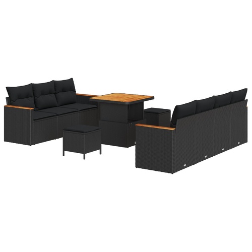 10 Piece Garden Sofa Set with Cushions Black Poly Rattan Acacia, 3 Piece Garden Dining Set with Cushions Black Poly Rattan Acacia