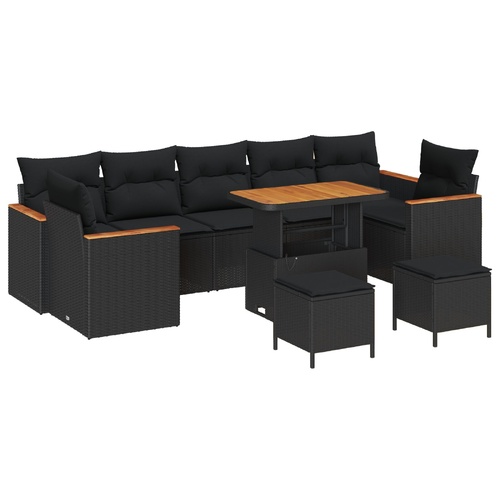 10 Piece Garden Sofa Set with Cushions Black Poly Rattan Acacia, 3 Piece Garden Dining Set with Cushions Black Poly Rattan Acacia
