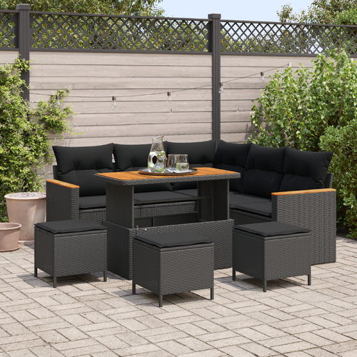 9 Piece Garden Sofa Set with Cushions Black Poly Rattan Acacia