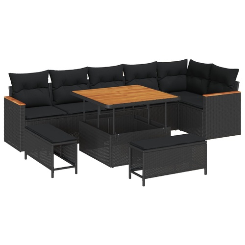 9 Piece Garden Sofa Set with Cushions Black Poly Rattan Acacia