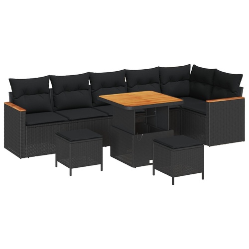 9 Piece Garden Sofa Set with Cushions Black Poly Rattan Acacia