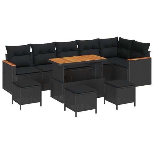 10 Piece Garden Sofa Set with Cushions Black Poly Rattan Acacia, 4 Piece Garden Dining Set with Cushions Black Poly Rattan Acacia