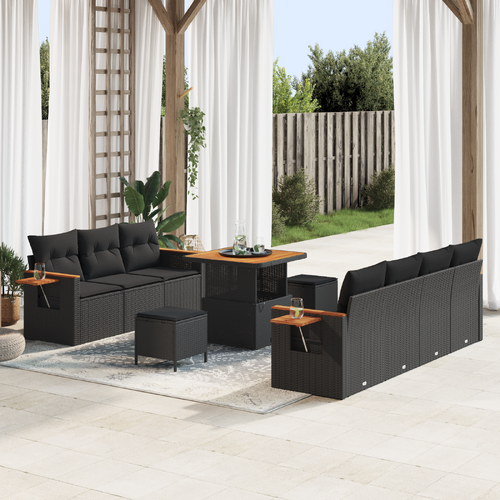 10 Piece Garden Sofa Set with Cushions Black Poly Rattan
