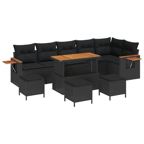 10 Piece Garden Sofa Set with Cushions - Black Poly Rattan and Acacia