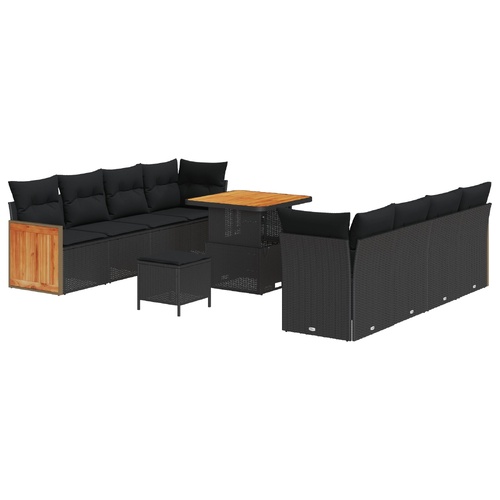 11 Piece Garden Sofa Set with Cushions Black Poly Rattan Acacia, 3 Piece Garden Dining Set with Cushions Black Poly Rattan Acacia