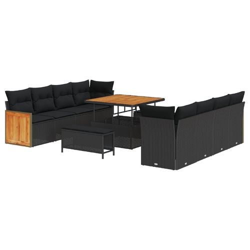 11 Piece Garden Sofa Set with Cushions Black Poly Rattan Acacia, 3 Piece Garden Dining Set with Cushions Black Poly Rattan Acacia